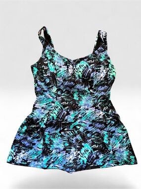 Vintage Y2K Flattering Skirted One Piece Swimsuit Blue Abstract Women’s 14
